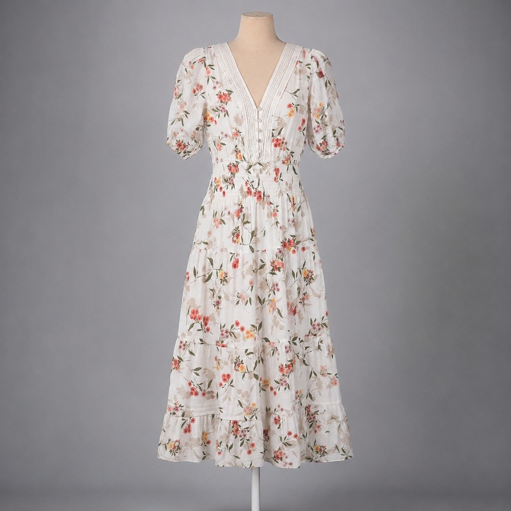 Romantic‎ Floral Smocked Tiered Maxi Dress Sz XL Puff Sleeve Prairie Cottagecore